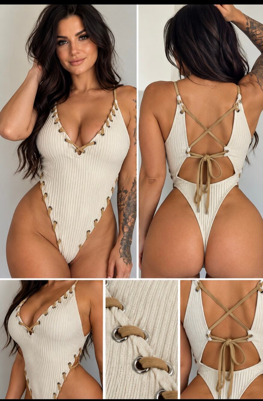 Cream Ribbed Lace Up One Piece Swimsuit Large High Cut Open Back Padded